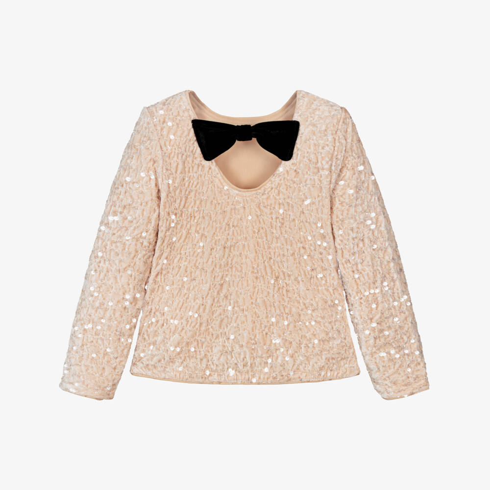 NAME IT-Girls Beige Sequinned Velour Top with Black Bow | Childrensalon Outlet