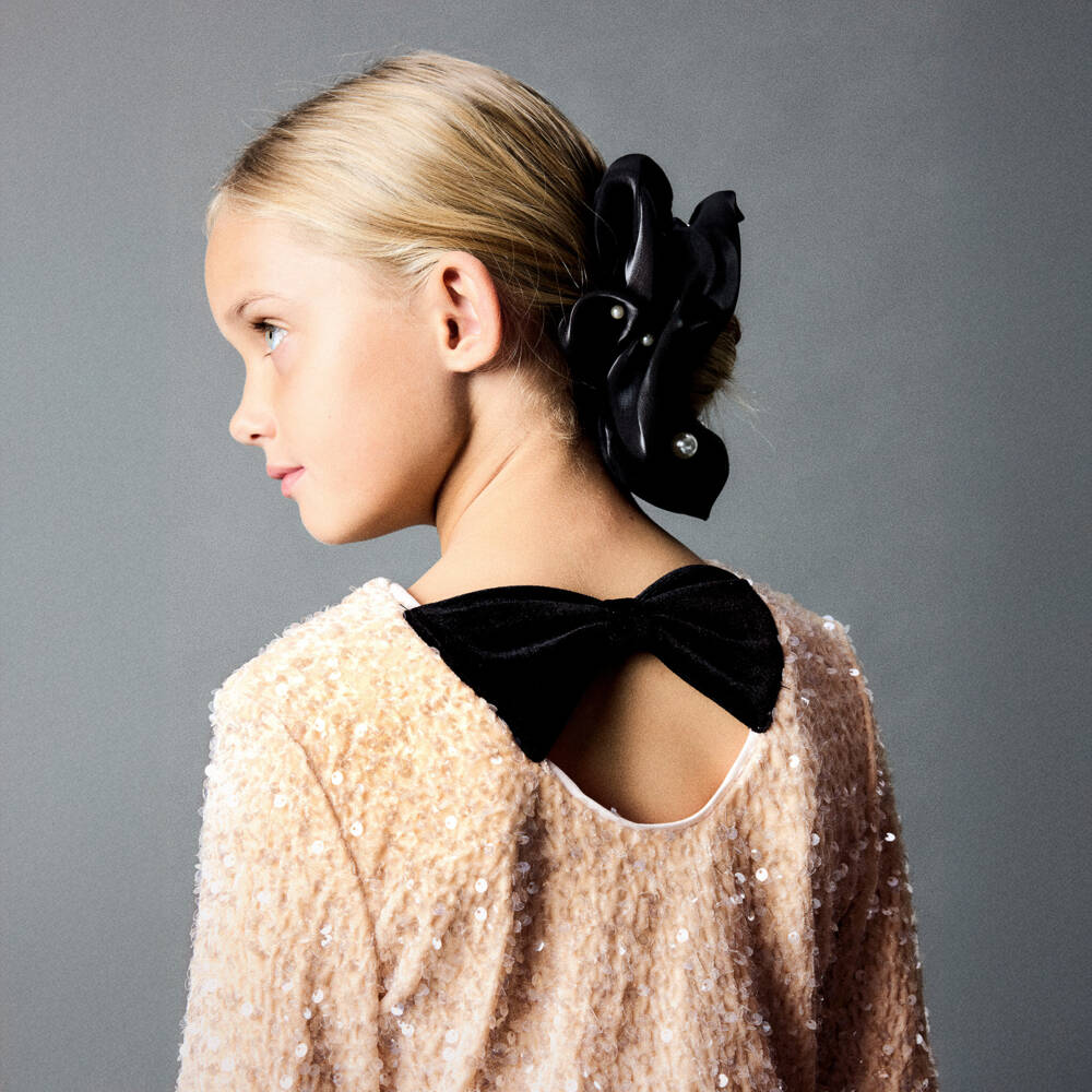 NAME IT-Girls Beige Sequinned Velour Top with Black Bow | Childrensalon Outlet