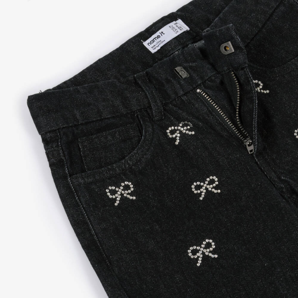 NAME IT-Girls Black Denim Wide Leg Jeans with Diamanté Bows | Childrensalon Outlet