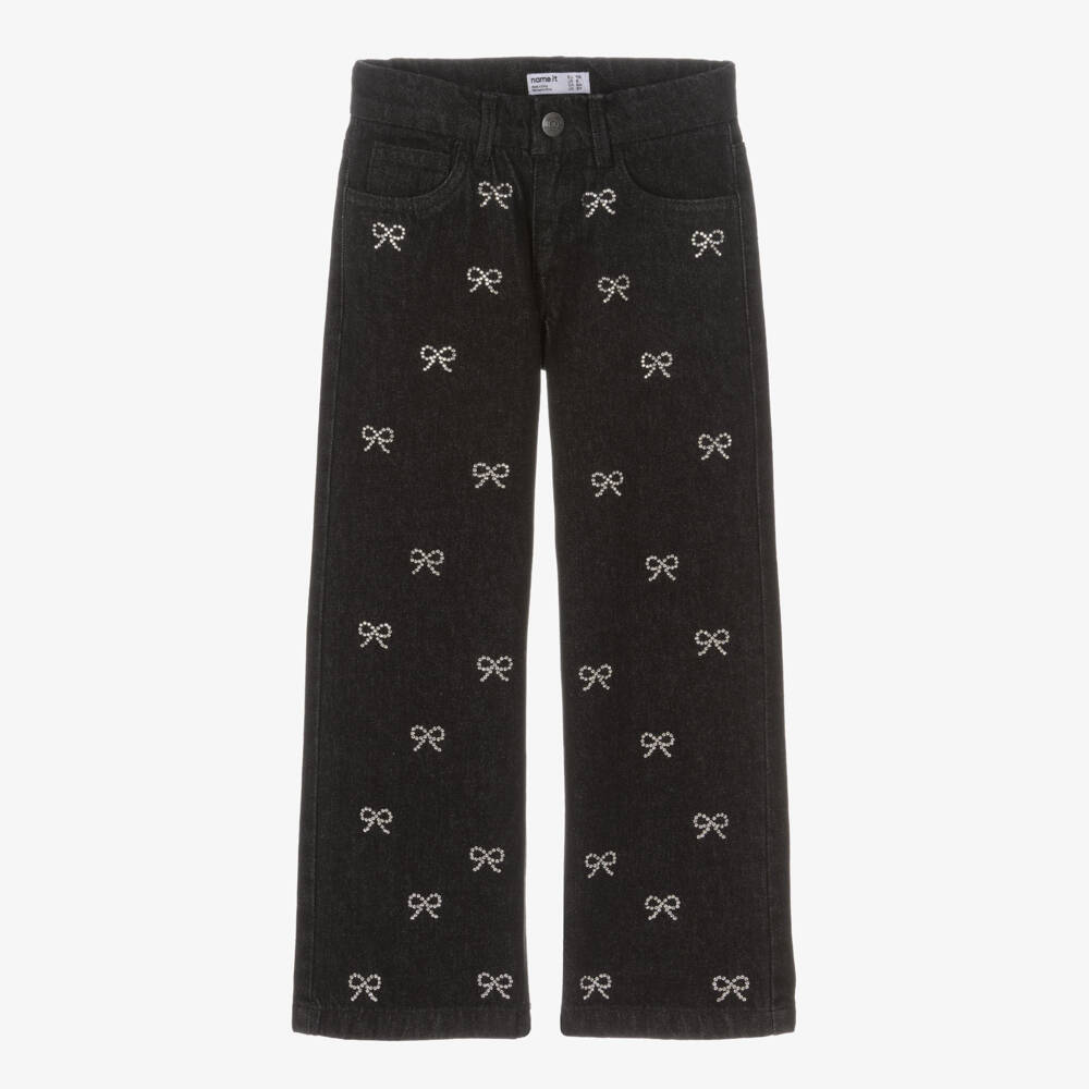 NAME IT-Girls Black Denim Wide Leg Jeans with Diamanté Bows | Childrensalon Outlet