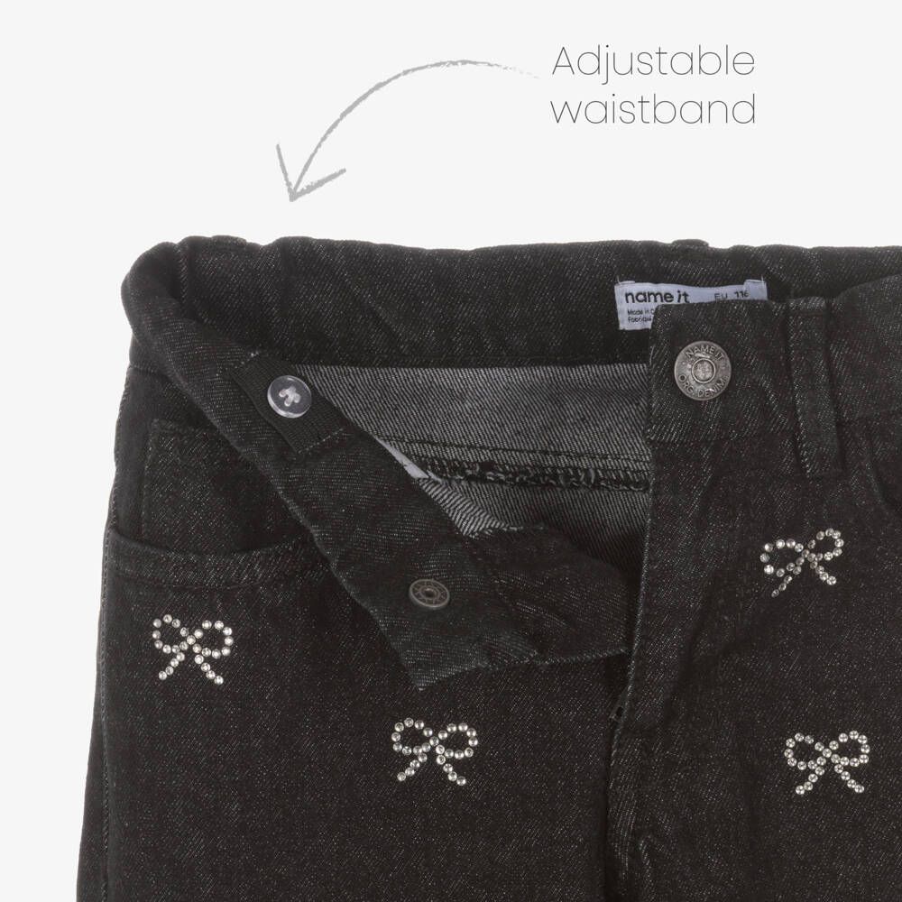 NAME IT-Girls Black Denim Wide Leg Jeans with Diamanté Bows | Childrensalon Outlet