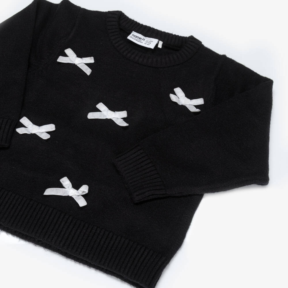 NAME IT-Girls Black Knitted Sweater with White Velvet Bows | Childrensalon Outlet