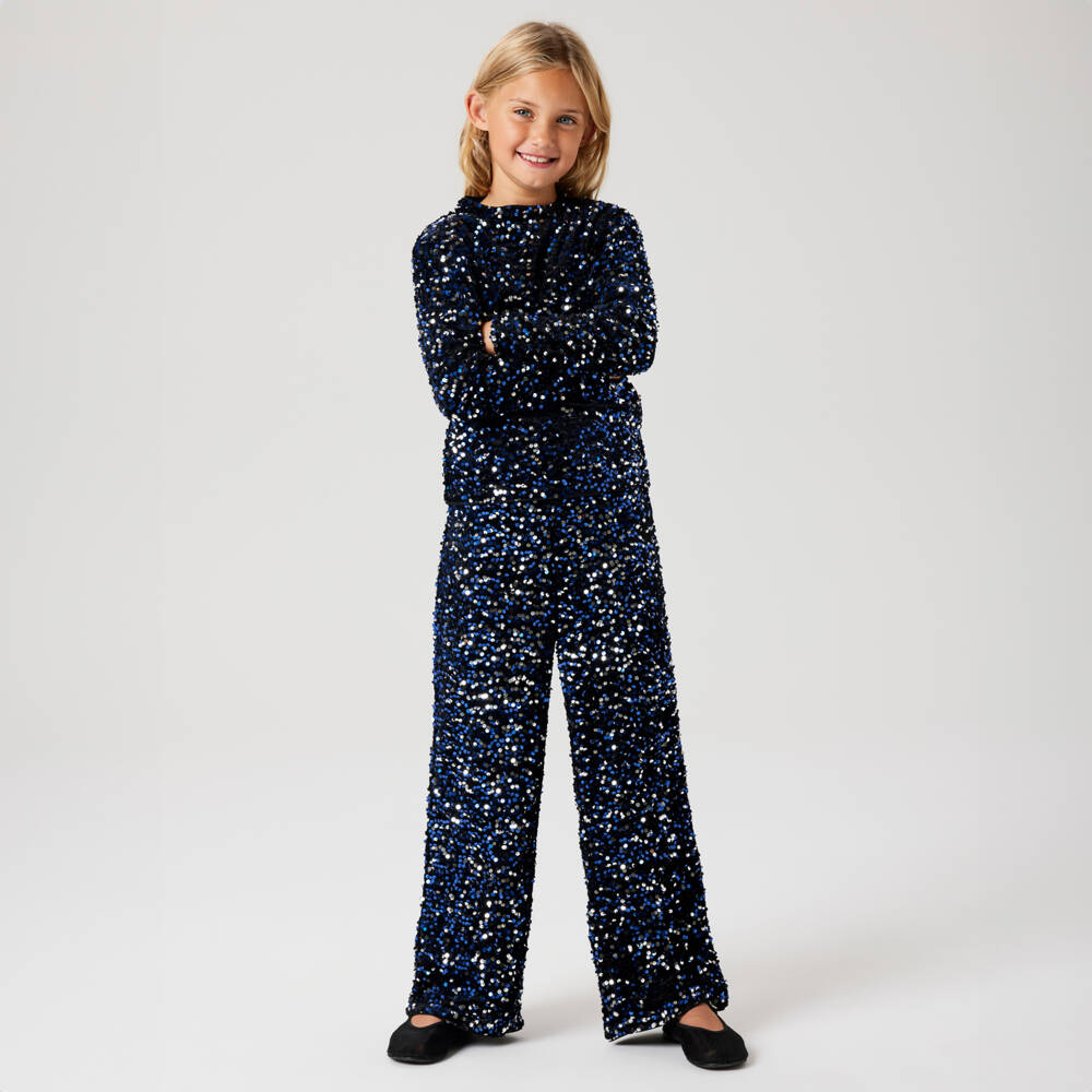 NAME IT-بنطلون مخمل أسود وترتر أزرق للبنات | Childrensalon Outlet