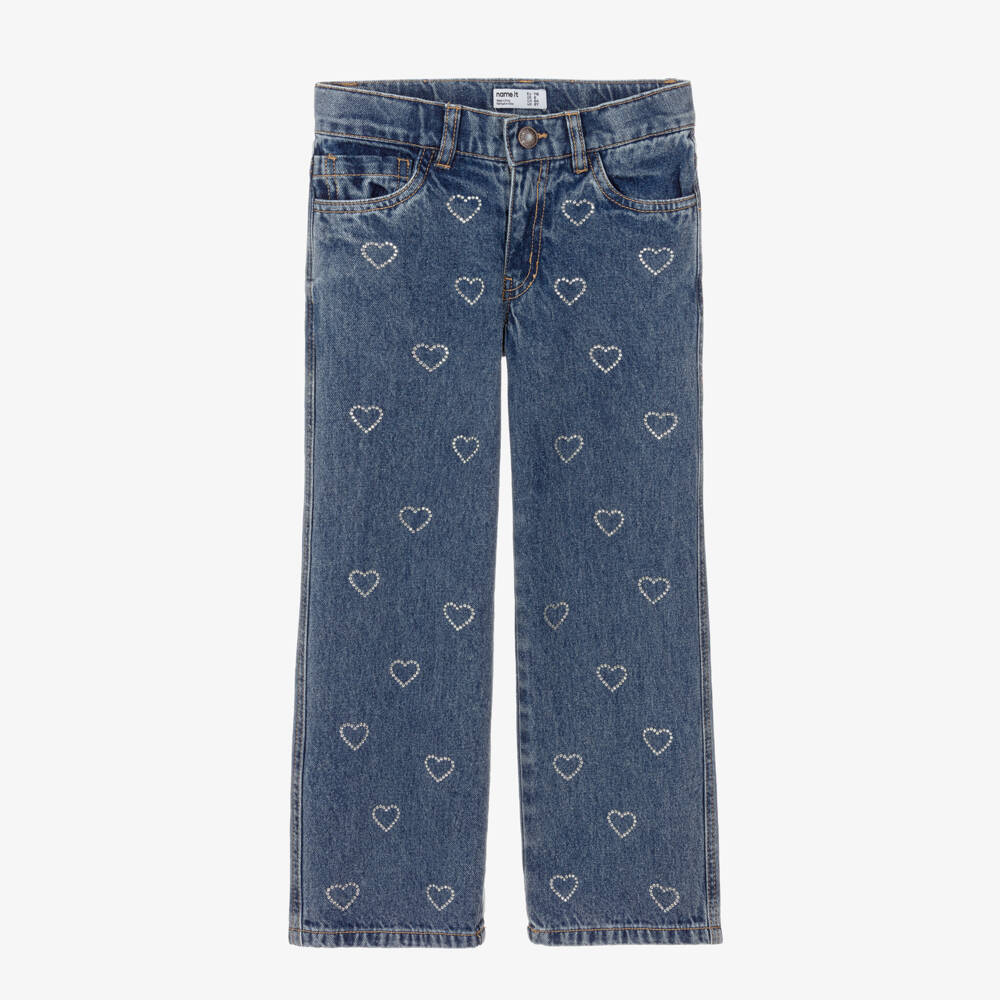 NAME IT-Girls Blue Denim Jeans with Diamanté Hearts | Childrensalon Outlet