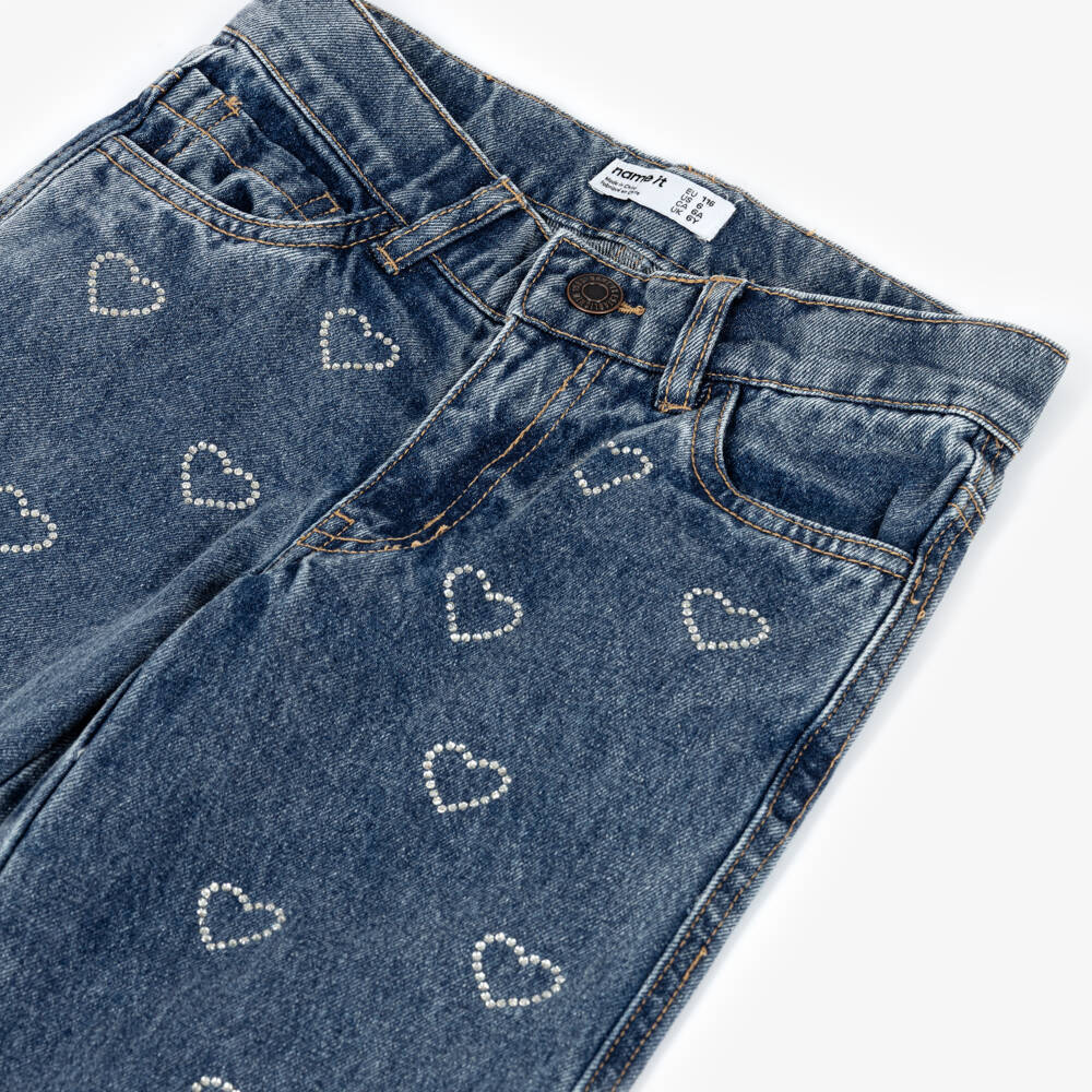 NAME IT-Girls Blue Denim Jeans with Diamanté Hearts | Childrensalon Outlet
