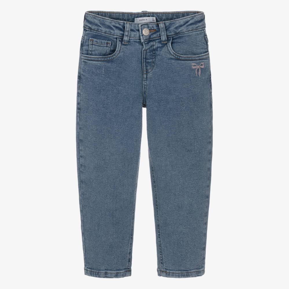 NAME IT-Girls Blue Denim Jeans with Embroidered Pink Bows | Childrensalon Outlet
