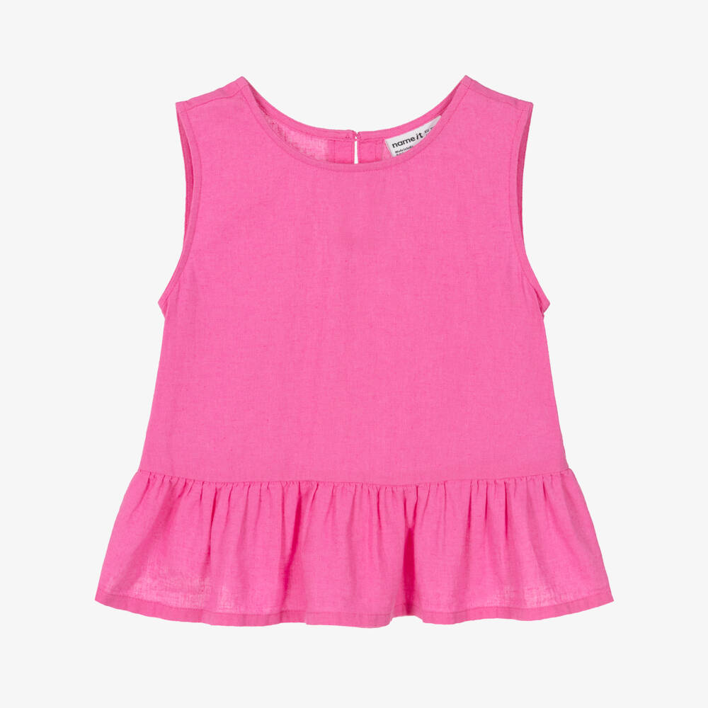 NAME IT-Girls Bright Pink Cotton & Linen Blouse | Childrensalon Outlet