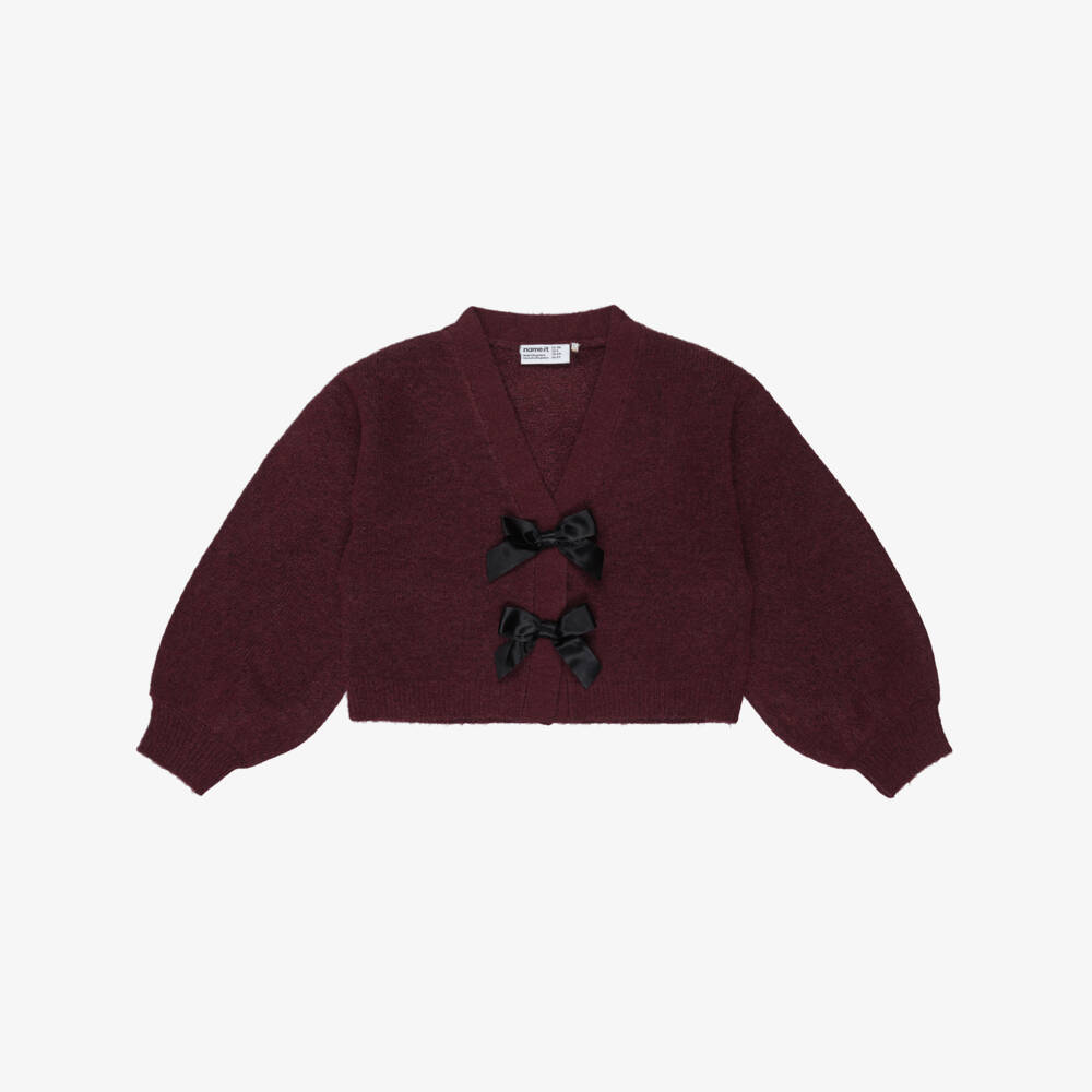 NAME IT-Girls Burgundy Red Knitted Cardigan with Black Satin Bows | Childrensalon Outlet