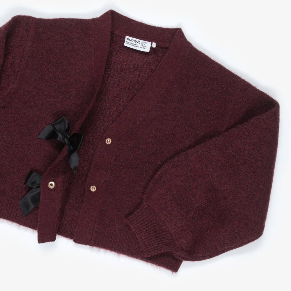 NAME IT-Girls Burgundy Red Knitted Cardigan with Black Satin Bows | Childrensalon Outlet