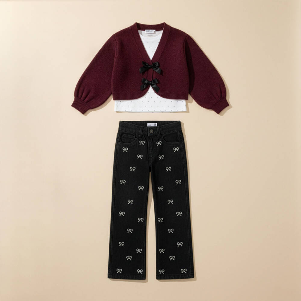 NAME IT-Girls Burgundy Red Knitted Cardigan with Black Satin Bows | Childrensalon Outlet