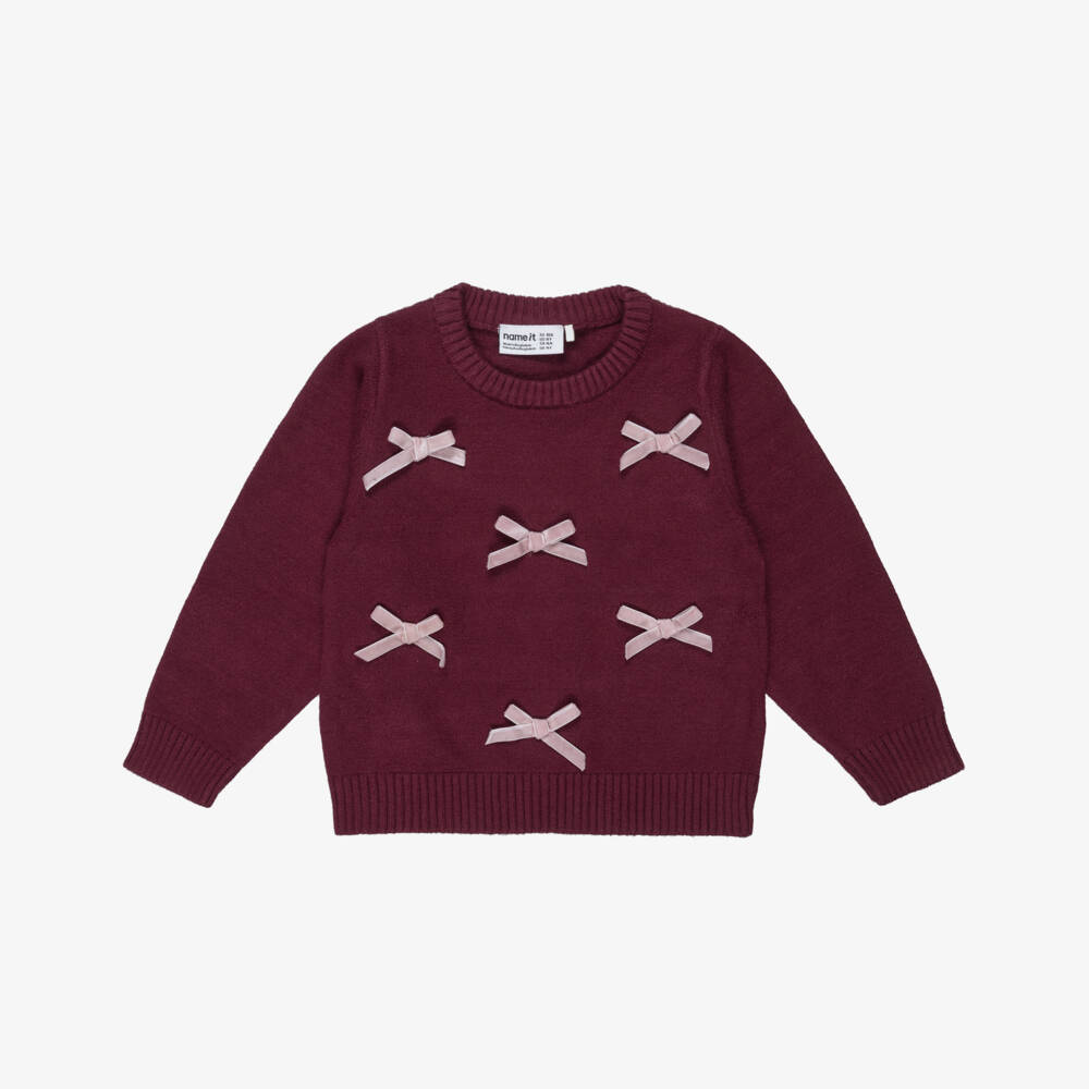 NAME IT-Girls Burgundy Red Knitted Sweater with Pink Velvet Bows | Childrensalon Outlet