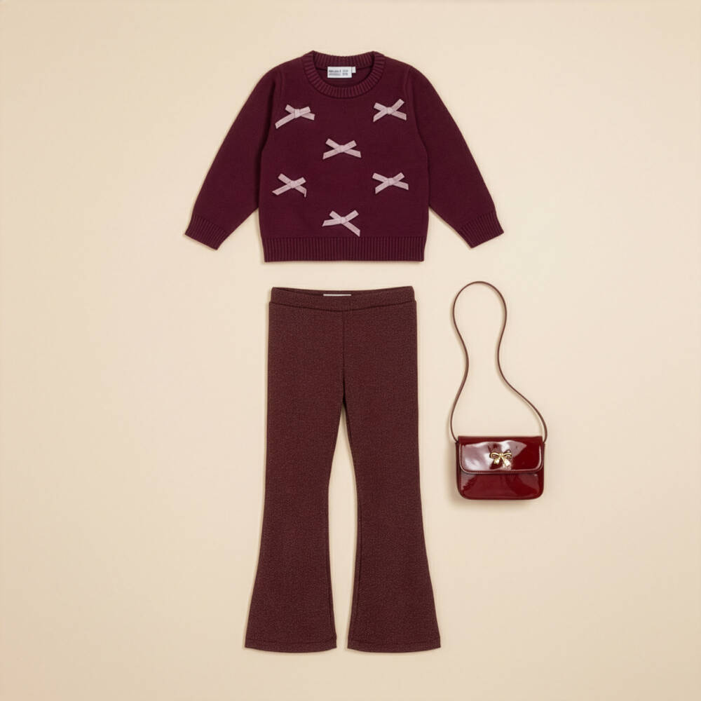 NAME IT-Girls Burgundy Red Knitted Sweater with Pink Velvet Bows | Childrensalon Outlet