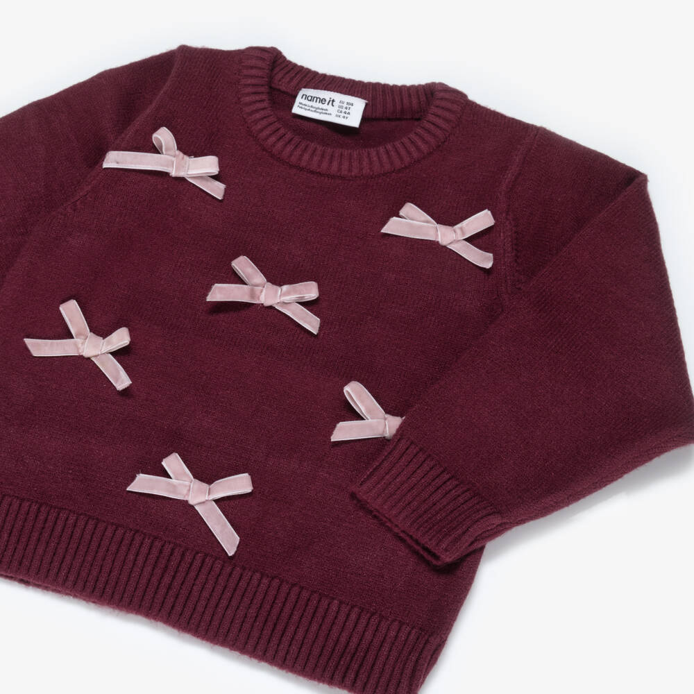 NAME IT-Girls Burgundy Red Knitted Sweater with Pink Velvet Bows | Childrensalon Outlet