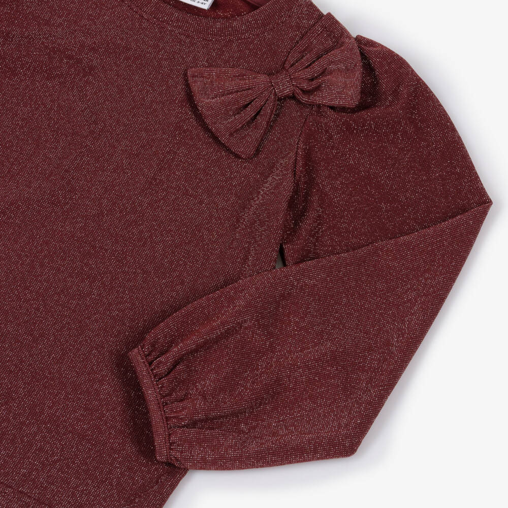 NAME IT-Girls Burgundy Red Lurex Jersey Top with Bow | Childrensalon Outlet