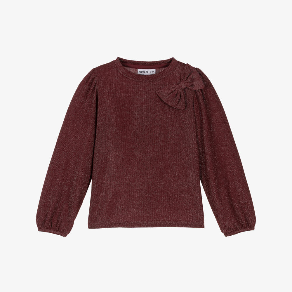 NAME IT-Girls Burgundy Red Lurex Jersey Top with Bow | Childrensalon Outlet