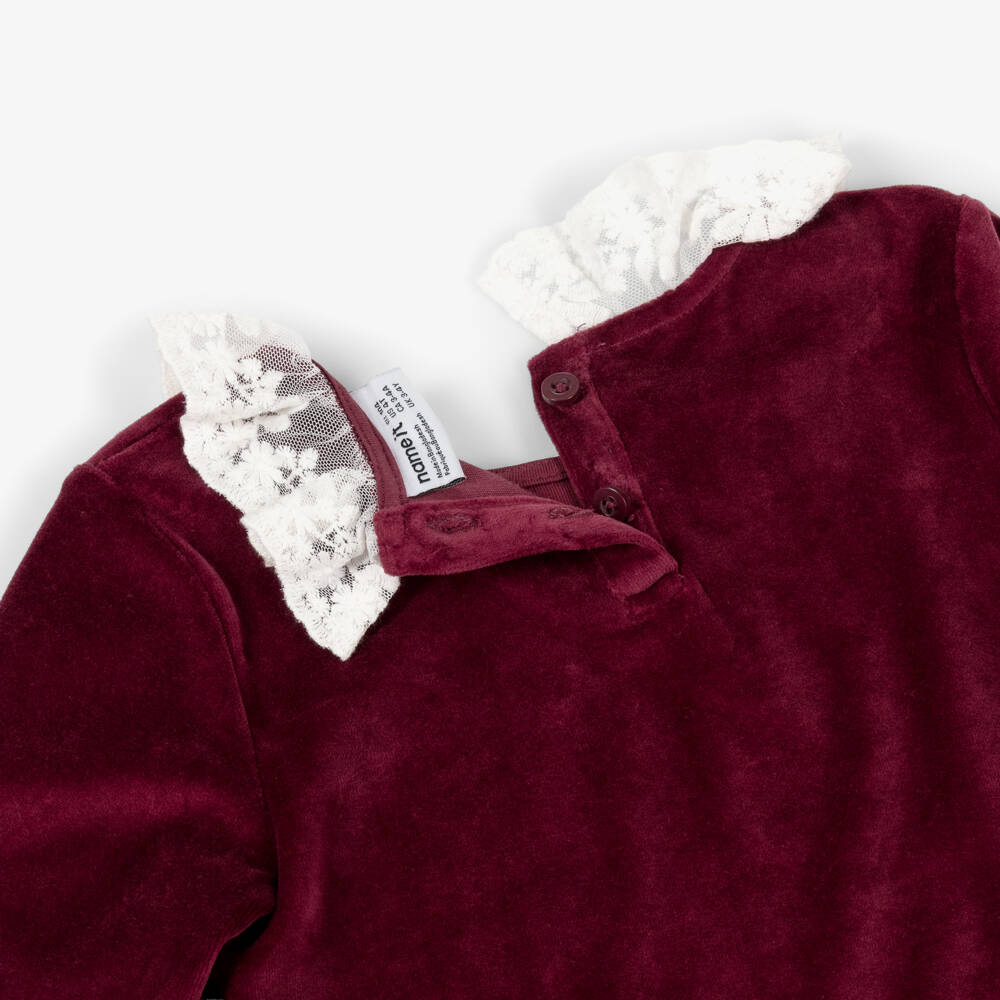 NAME IT-Girls Burgundy Red Velour Dress with Lace Collar | Childrensalon Outlet