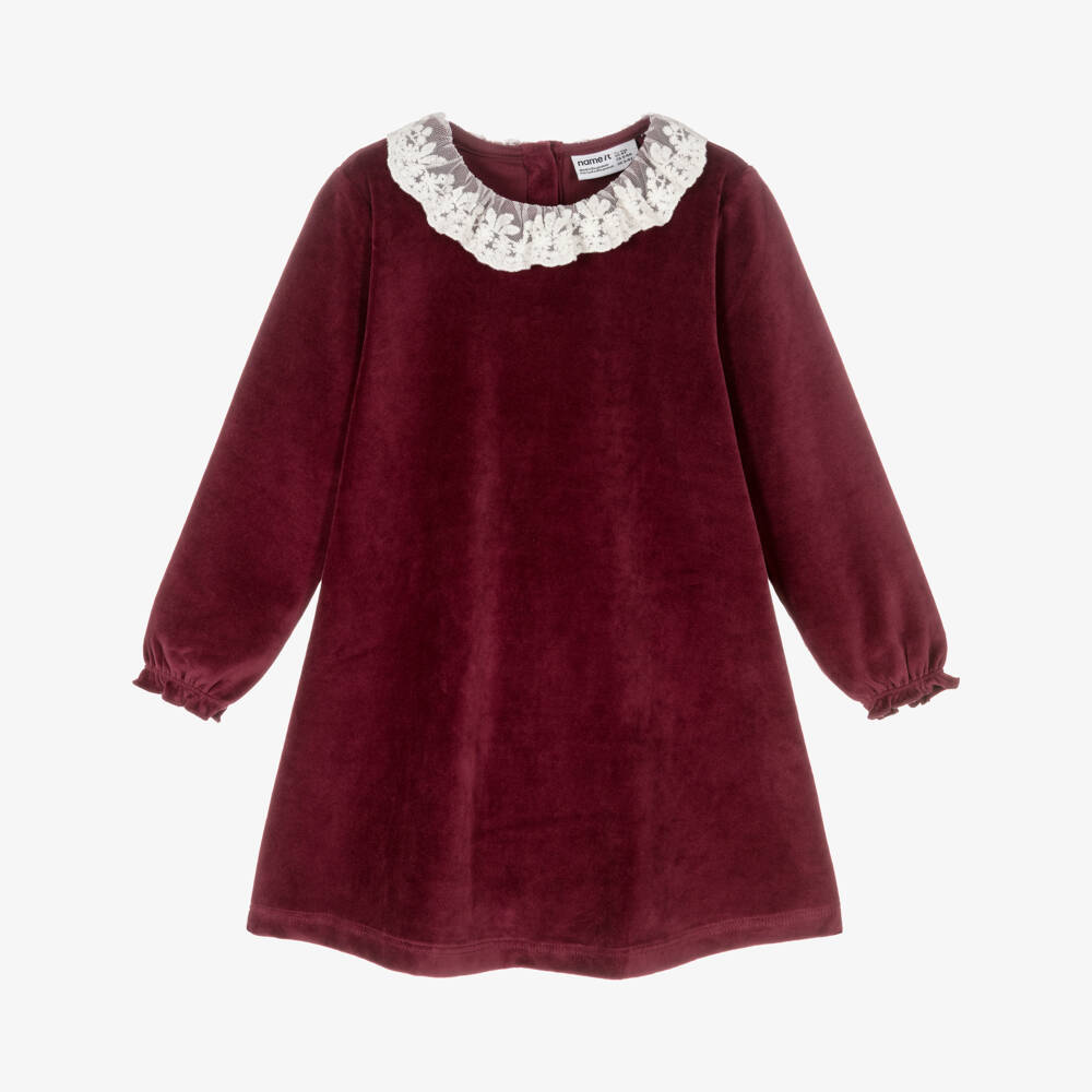 NAME IT-Girls Burgundy Red Velour Dress with Lace Collar | Childrensalon Outlet