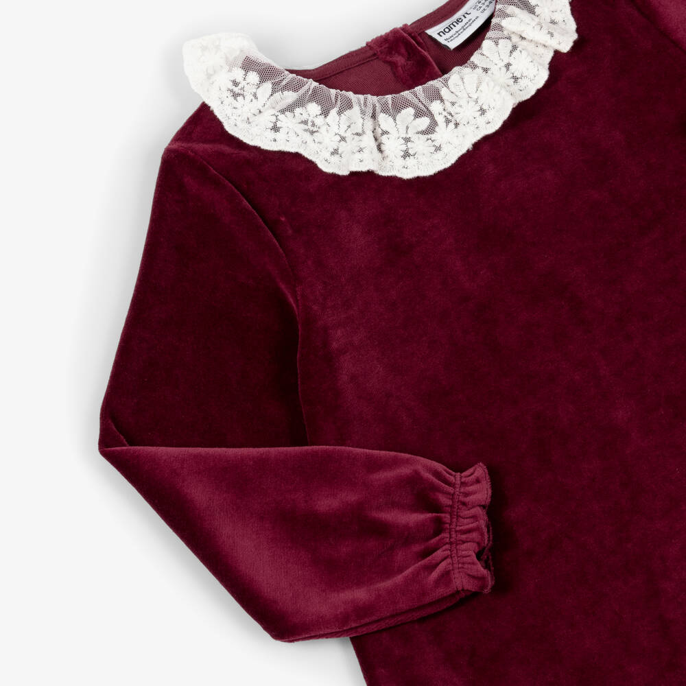 NAME IT-Girls Burgundy Red Velour Dress with Lace Collar | Childrensalon Outlet