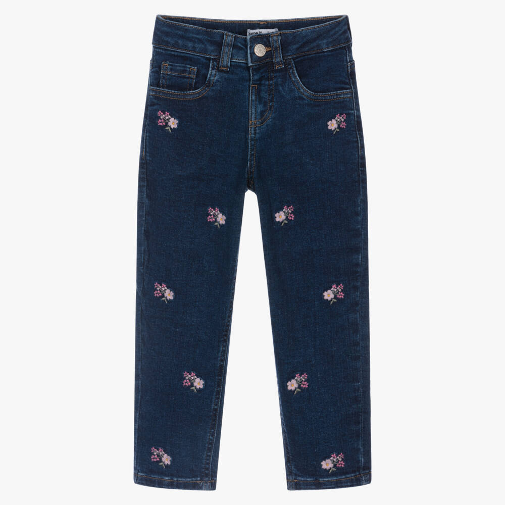 NAME IT-Girls Dark Blue Denim Jeans with Embroidered Flowers | Childrensalon Outlet