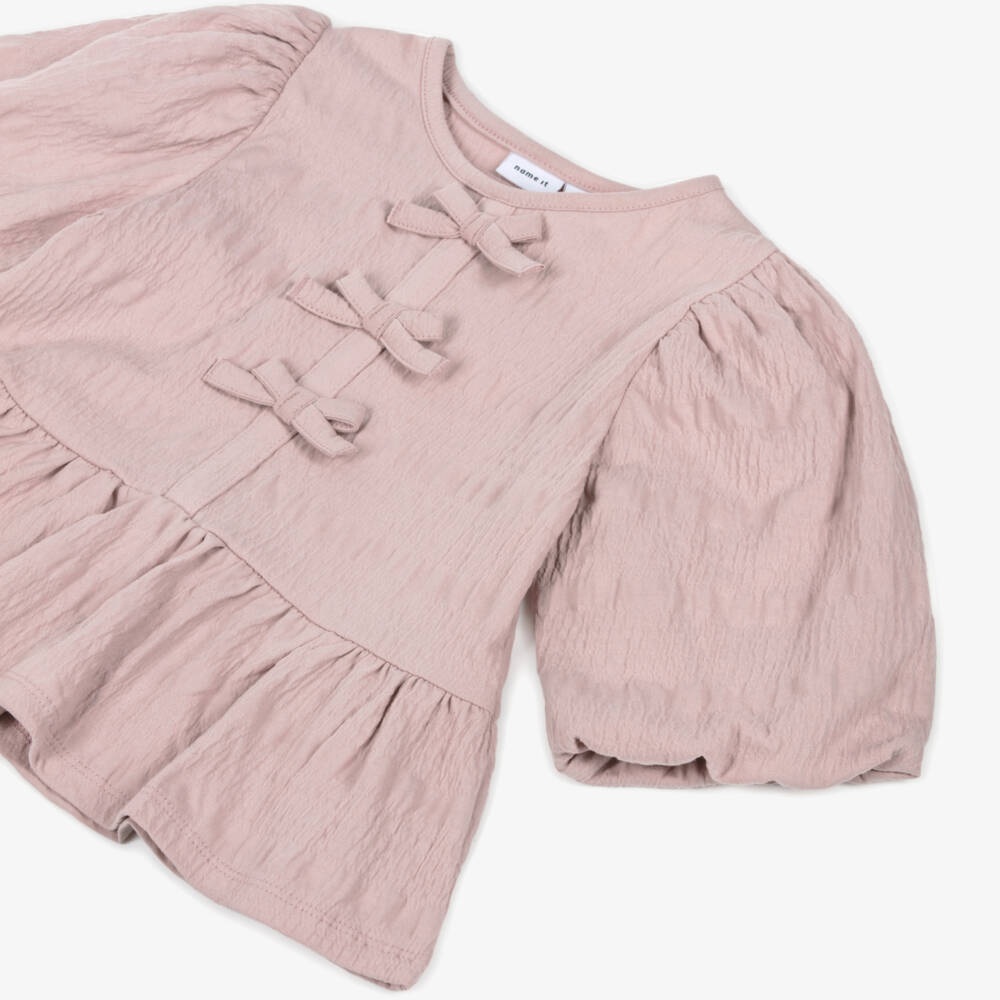 NAME IT-Girls Dusky Pink Organic Cotton Blouse with Bows | Childrensalon Outlet