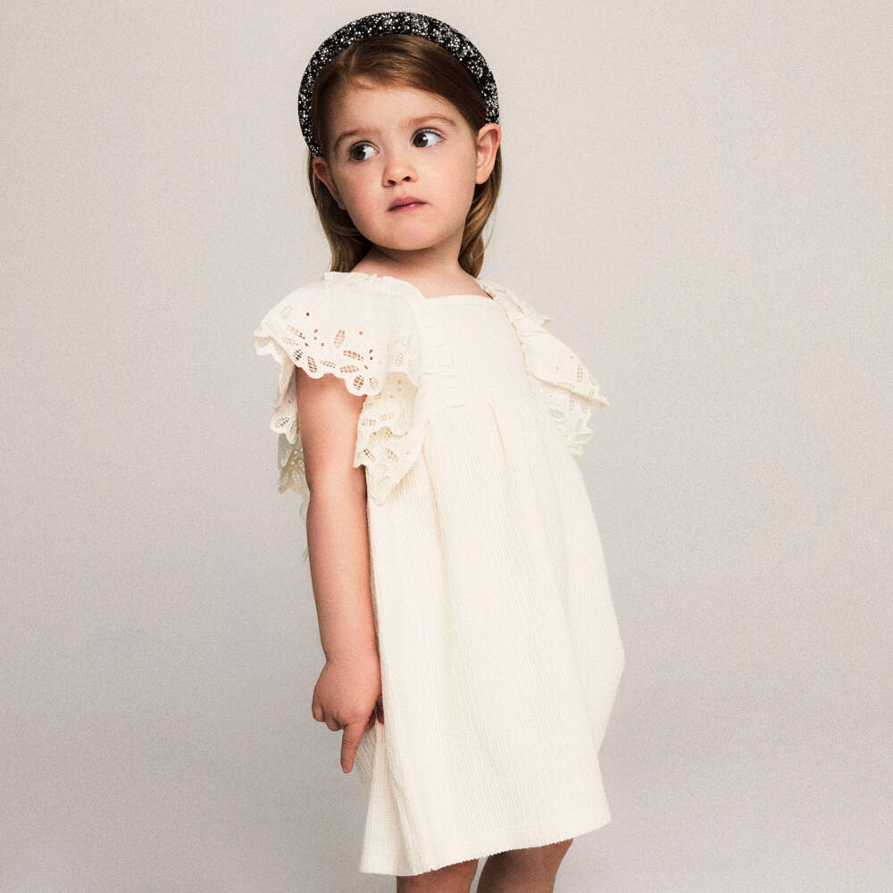 NAME IT-Girls Elegant Ivory Dress with Fluttery Eyelet Sleeves | Childrensalon Outlet