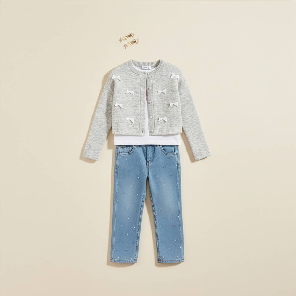 NAME IT-Girls Grey Marl Knitted Cardigan with Satin Bows | Childrensalon Outlet