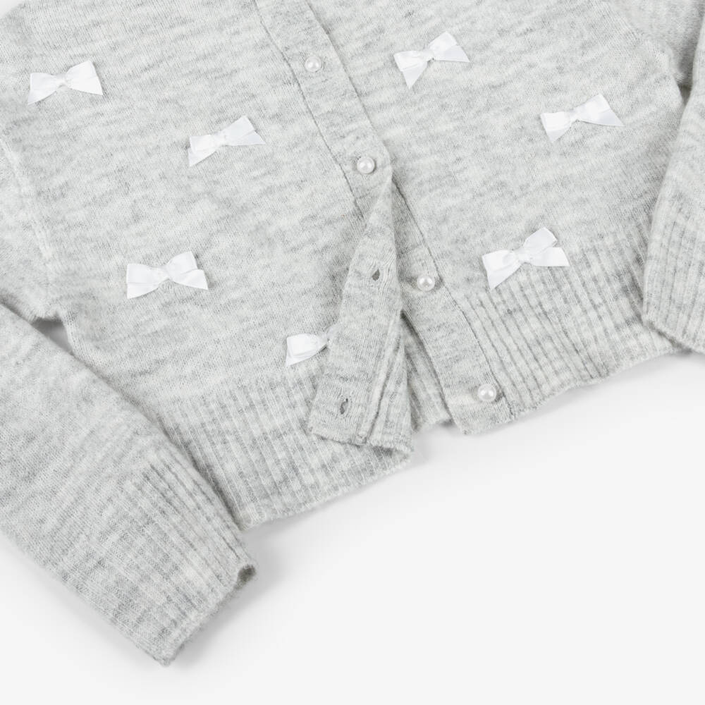 NAME IT-Girls Grey Marl Knitted Cardigan with Satin Bows | Childrensalon Outlet
