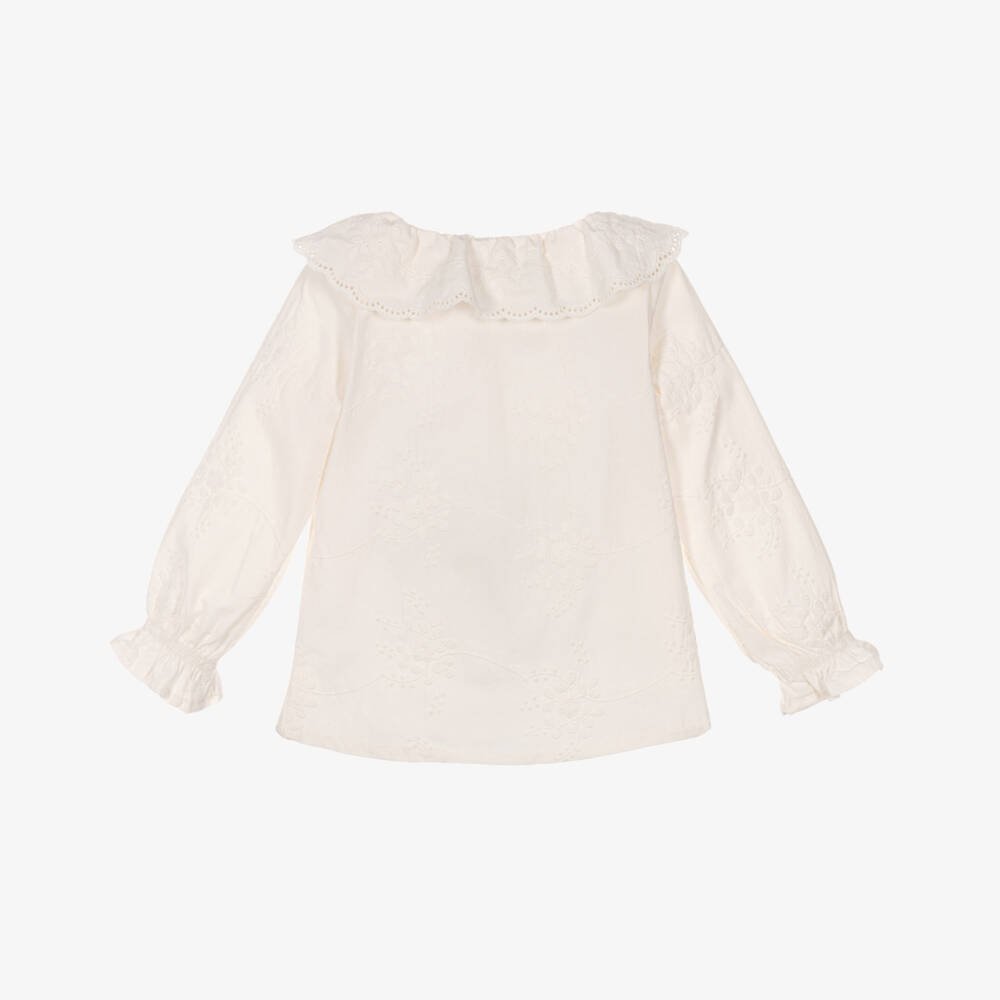 NAME IT-Girls Ivory Cotton Blouse with Floral Embroidery | Childrensalon Outlet