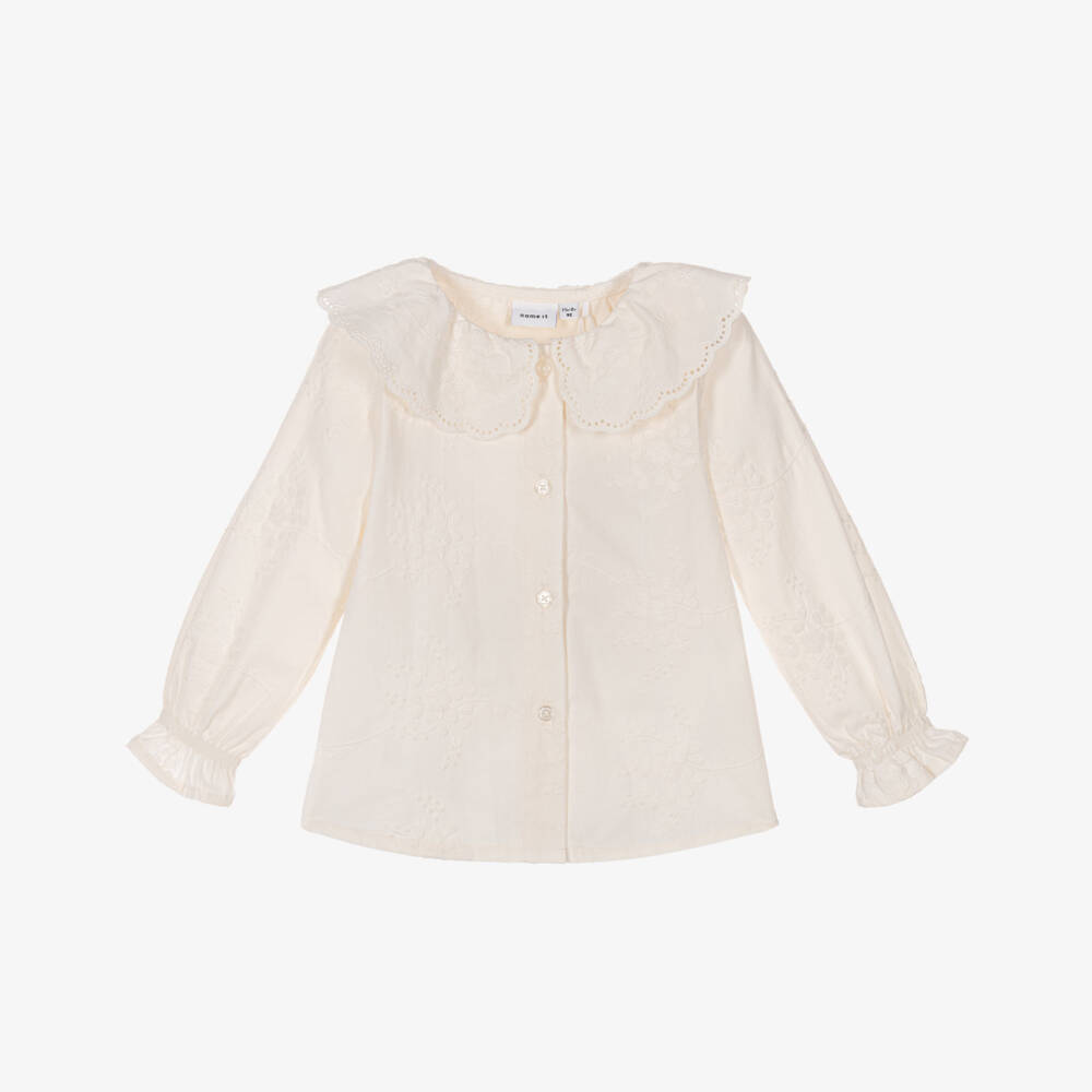 NAME IT-Girls Ivory Cotton Blouse with Floral Embroidery | Childrensalon Outlet