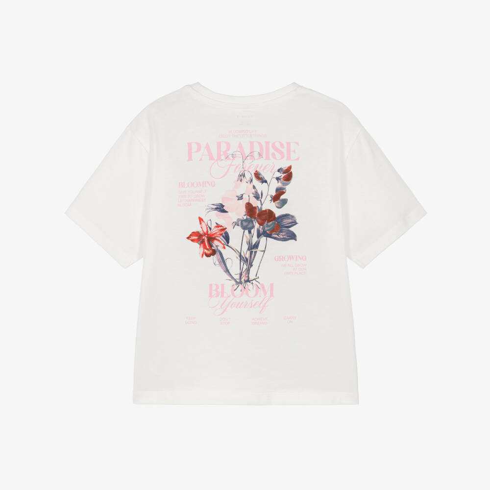 NAME IT-Girls Ivory Cotton Paradise Slogan T-Shirt with Flowers | Childrensalon Outlet
