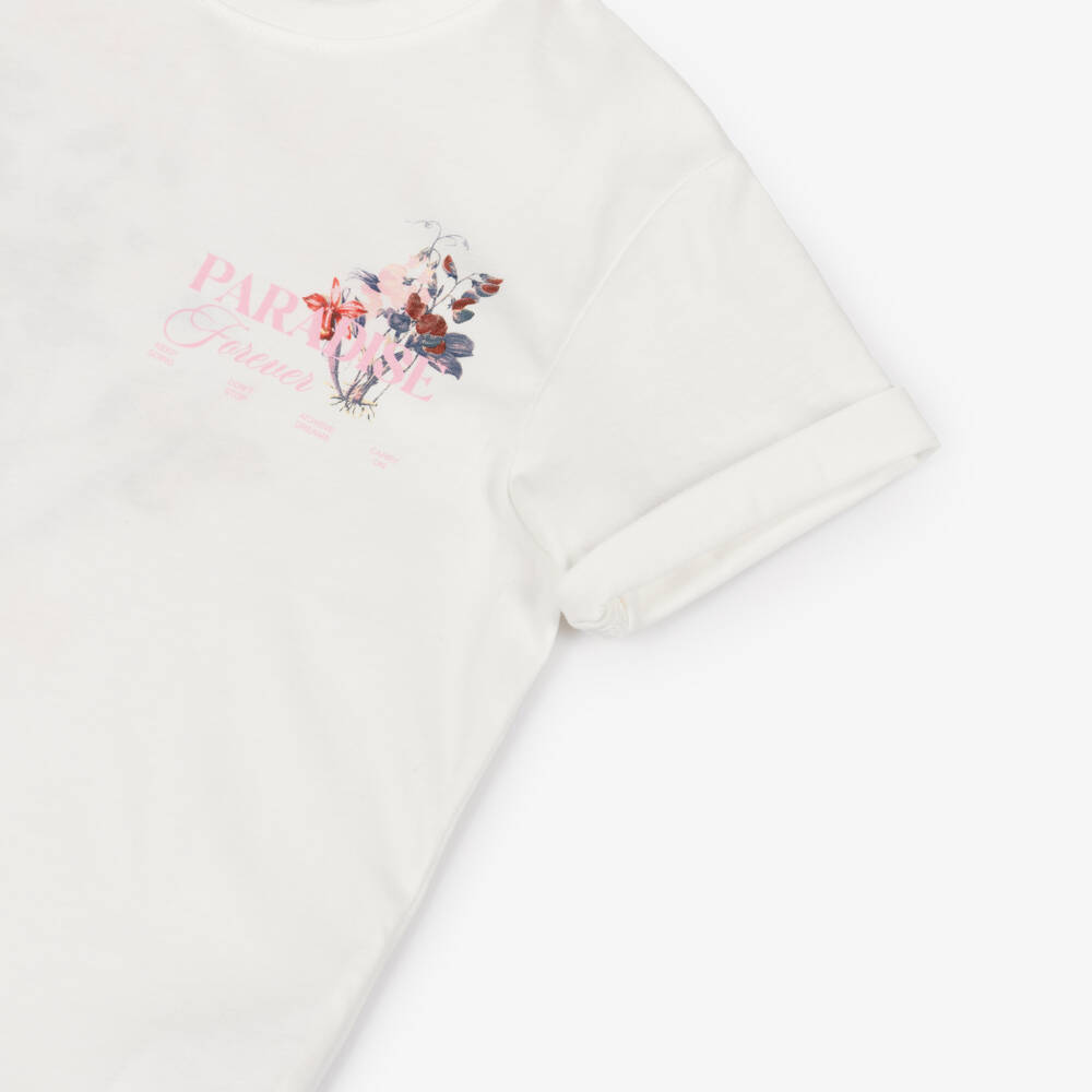 NAME IT-Girls Ivory Cotton Paradise Slogan T-Shirt with Flowers | Childrensalon Outlet