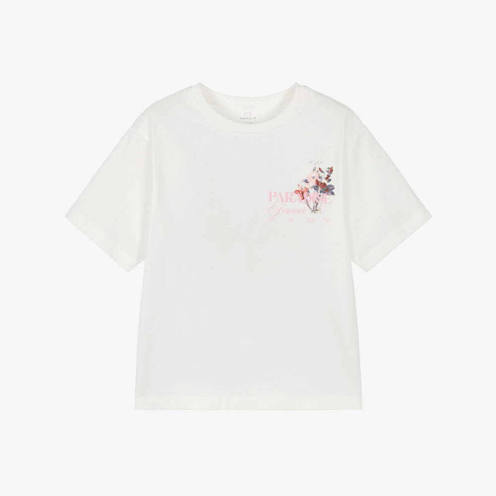 NAME IT-Girls Ivory Cotton Paradise Slogan T-Shirt with Flowers | Childrensalon Outlet