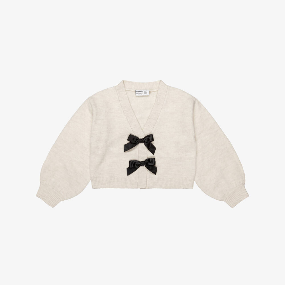 NAME IT-Girls Ivory Knitted Cardigan with Black Satin Bows | Childrensalon Outlet