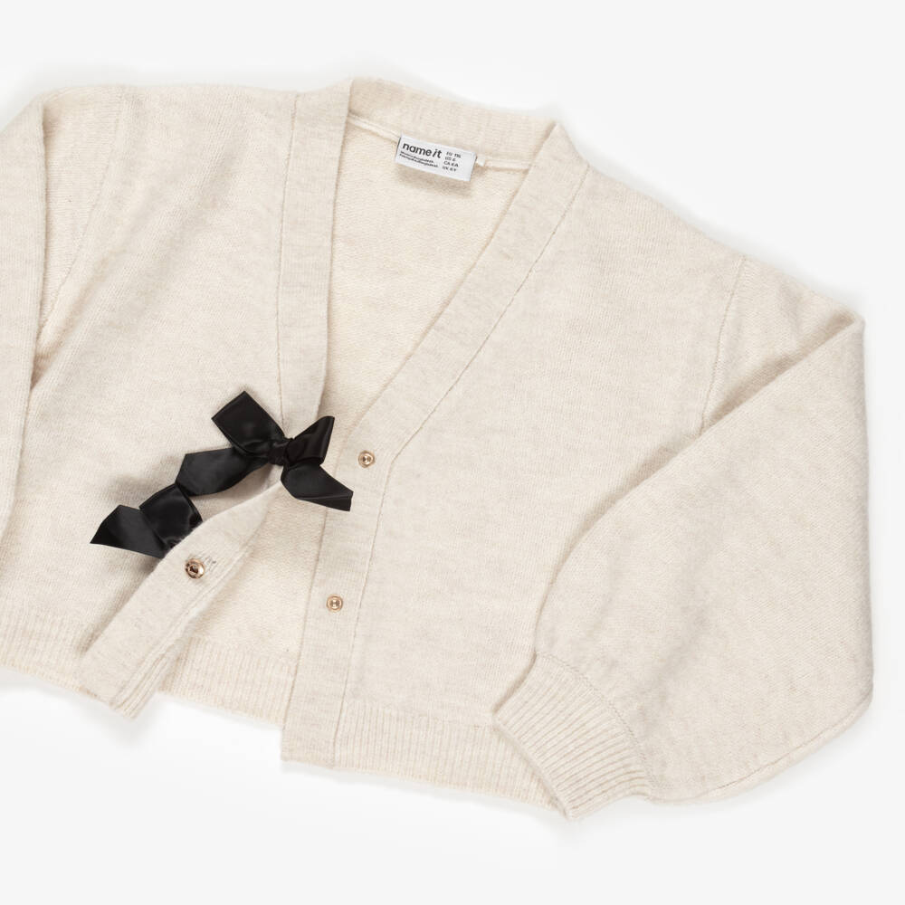 NAME IT-Girls Ivory Knitted Cardigan with Black Satin Bows | Childrensalon Outlet