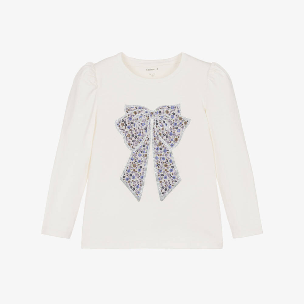 NAME IT-Girls Ivory Organic Cotton Top with Glittery Floral Bow | Childrensalon Outlet