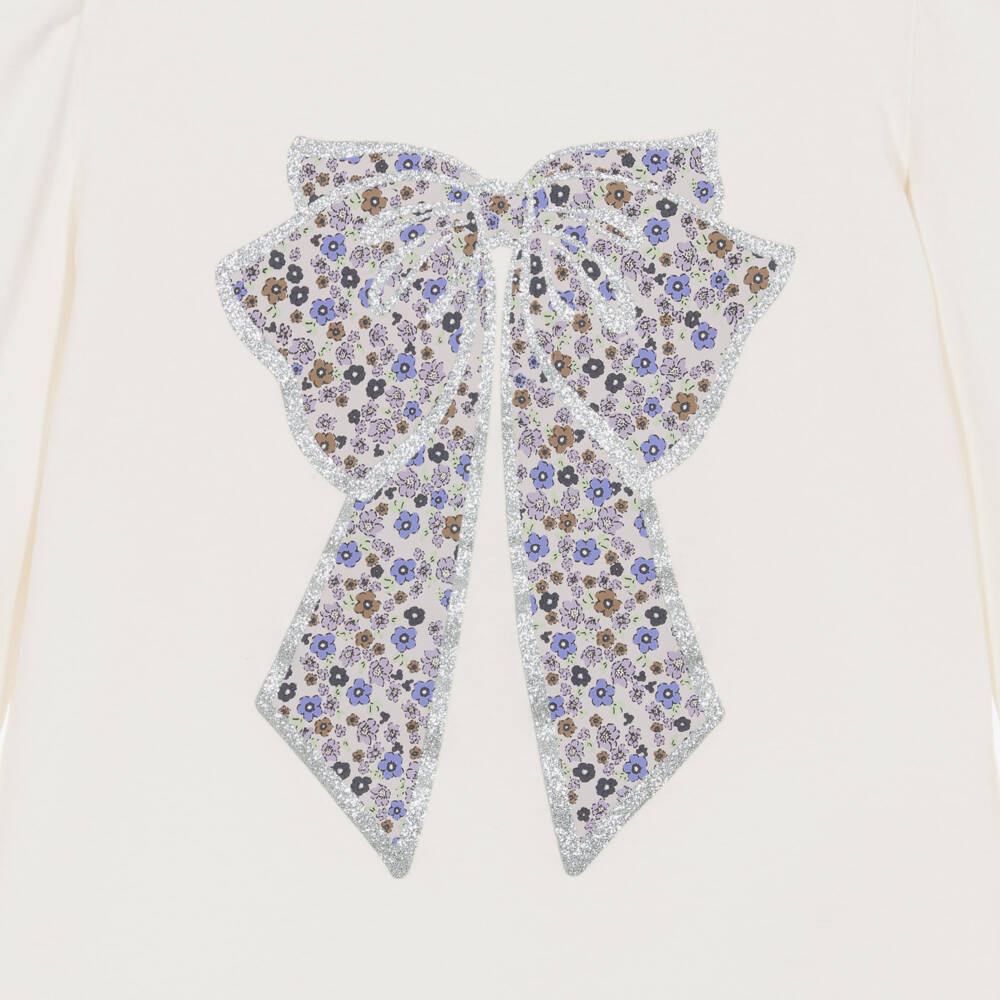NAME IT-Girls Ivory Organic Cotton Top with Glittery Floral Bow | Childrensalon Outlet