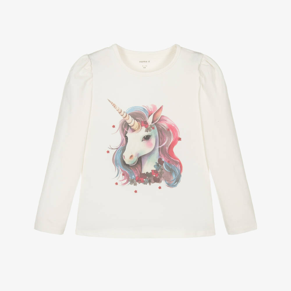 NAME IT-Girls Ivory Organic Cotton Top with Pink Unicorn | Childrensalon Outlet