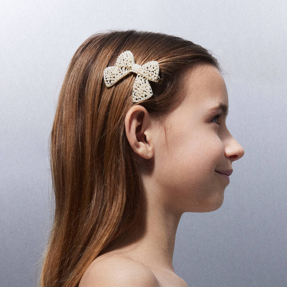 NAME IT-Girls Ivory Pearl & Gold Metal Bow Hair Clip (6cm) | Childrensalon Outlet