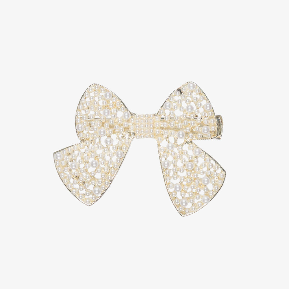 NAME IT-Girls Ivory Pearl & Gold Metal Bow Hair Clip (6cm) | Childrensalon Outlet