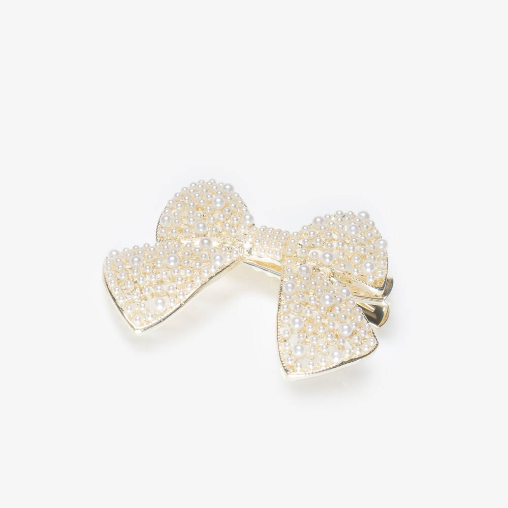 NAME IT-Girls Ivory Pearl & Gold Metal Bow Hair Clip (6cm) | Childrensalon Outlet
