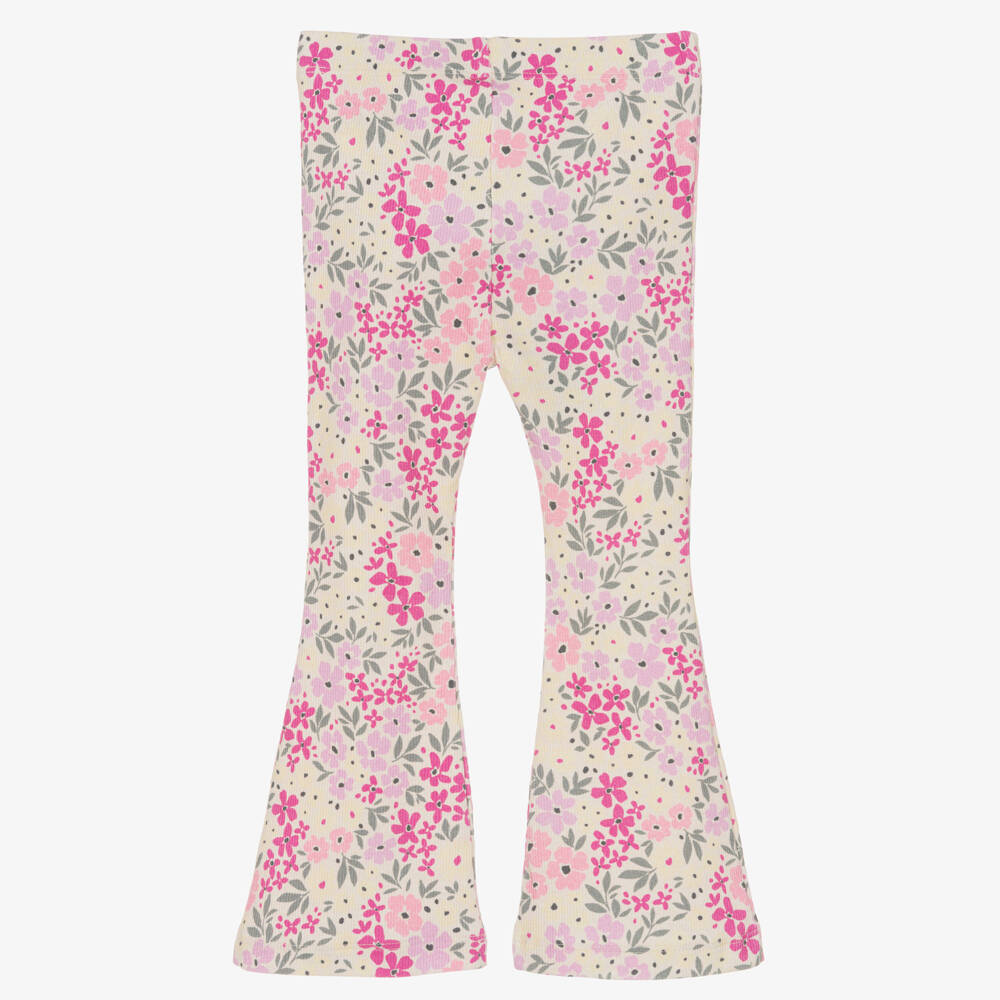 NAME IT-Girls Ivory & Pink Floral Organic Cotton Flared Leggings | Childrensalon Outlet