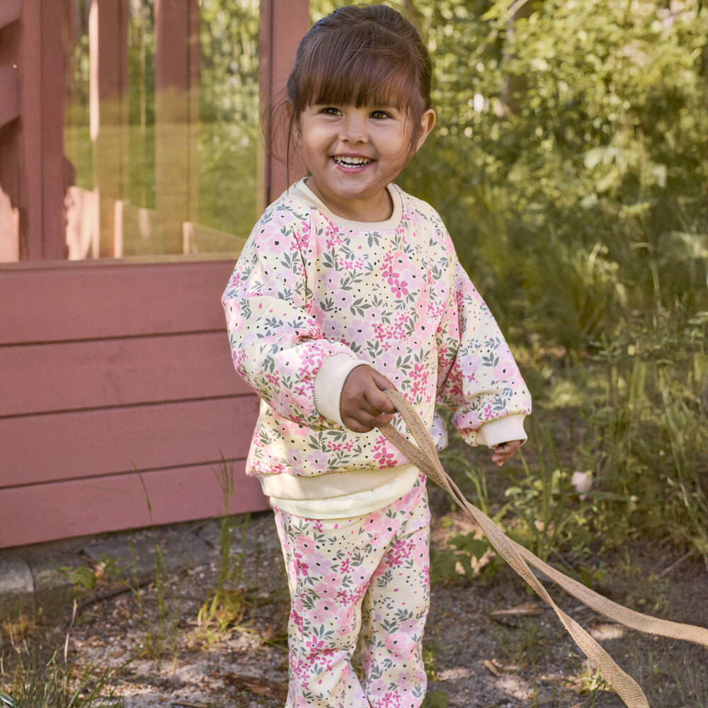 NAME IT-Girls Ivory & Pink Floral Organic Cotton Flared Leggings | Childrensalon Outlet