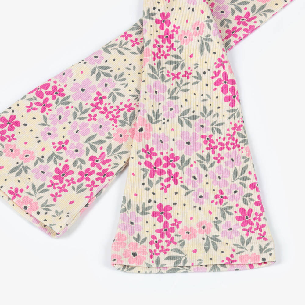NAME IT-Girls Ivory & Pink Floral Organic Cotton Flared Leggings | Childrensalon Outlet