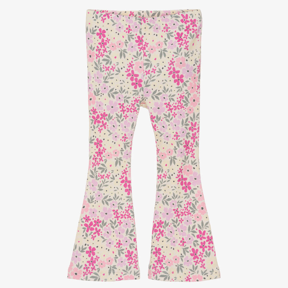 NAME IT-Girls Ivory & Pink Floral Organic Cotton Flared Leggings | Childrensalon Outlet