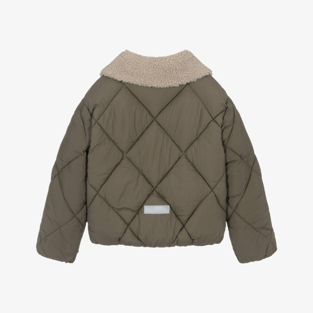 NAME IT-Girls Khaki Green Quilted Jacket with Sherpa Fleece Collar | Childrensalon Outlet