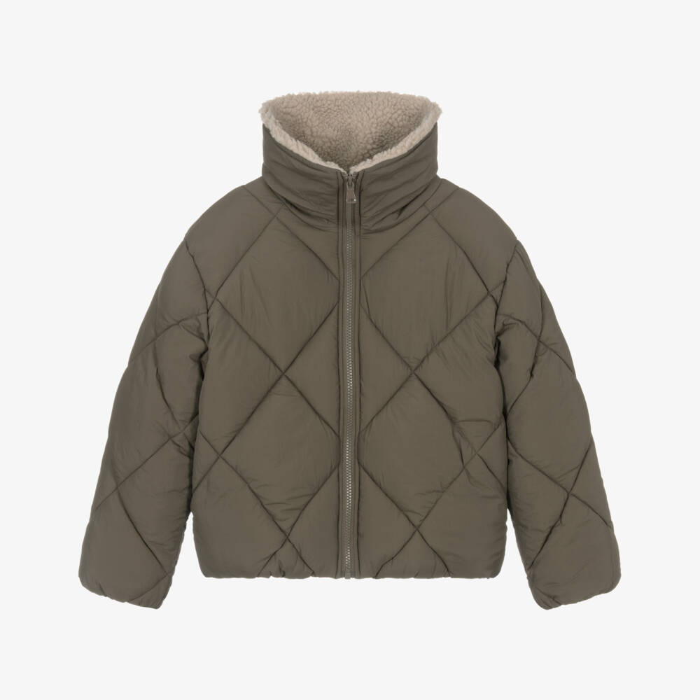 NAME IT-Girls Khaki Green Quilted Jacket with Sherpa Fleece Collar | Childrensalon Outlet