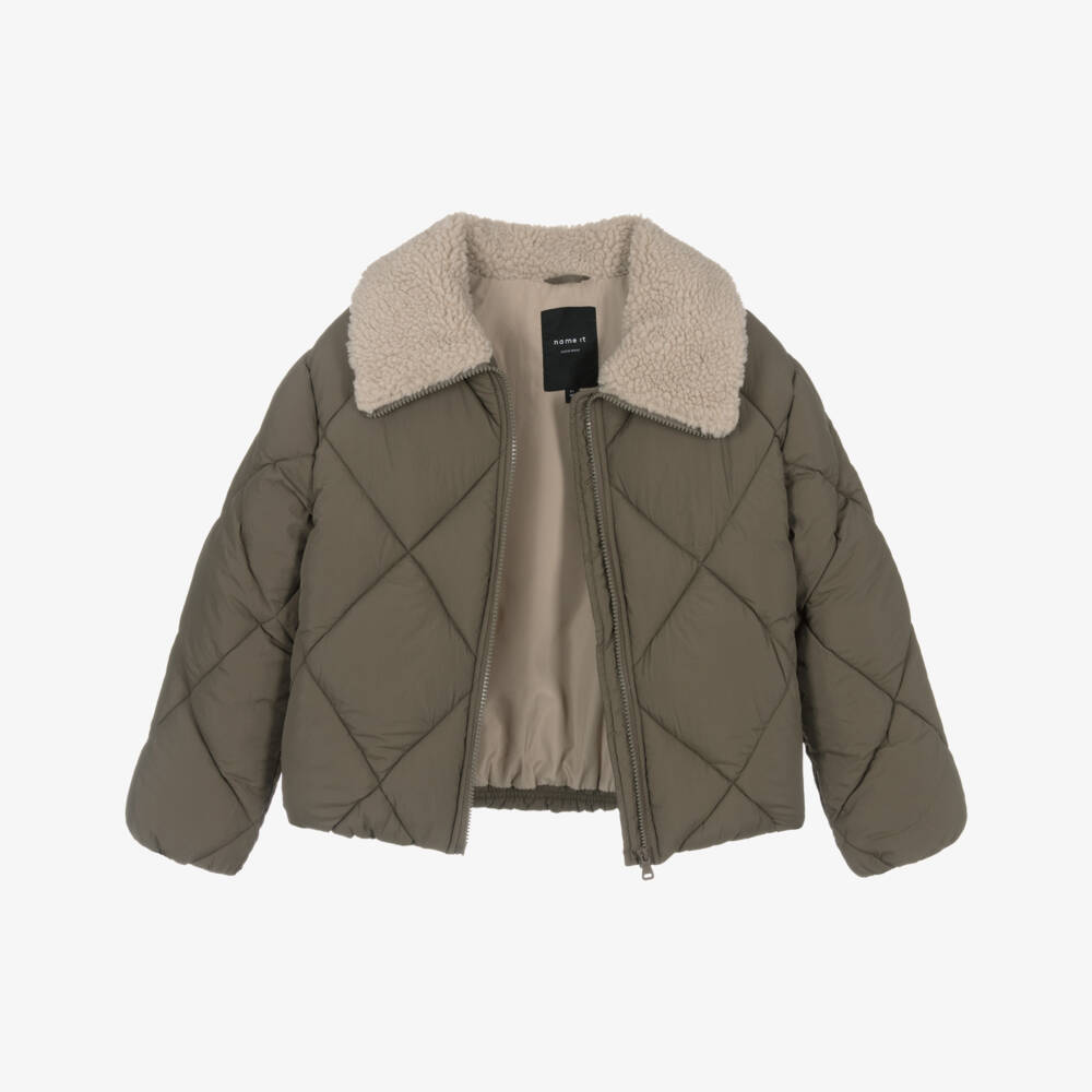NAME IT-Girls Khaki Green Quilted Jacket with Sherpa Fleece Collar | Childrensalon Outlet