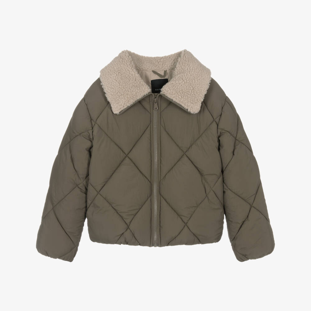 NAME IT-Girls Khaki Green Quilted Jacket with Sherpa Fleece Collar | Childrensalon Outlet