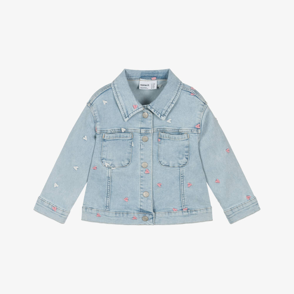 NAME IT-Girls Light Blue Denim Jacket with Embroidered Hearts | Childrensalon Outlet