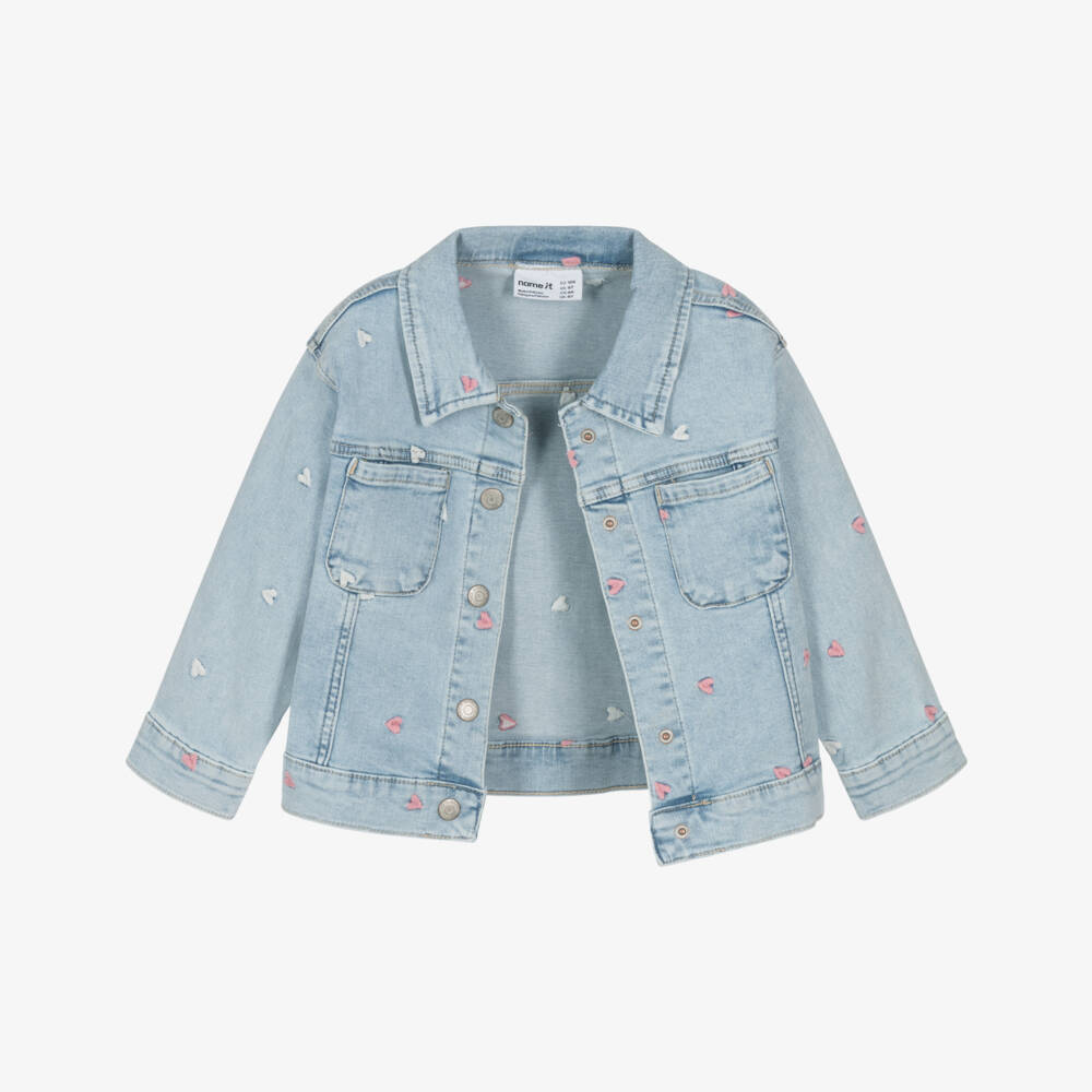 NAME IT-Girls Light Blue Denim Jacket with Embroidered Hearts | Childrensalon Outlet